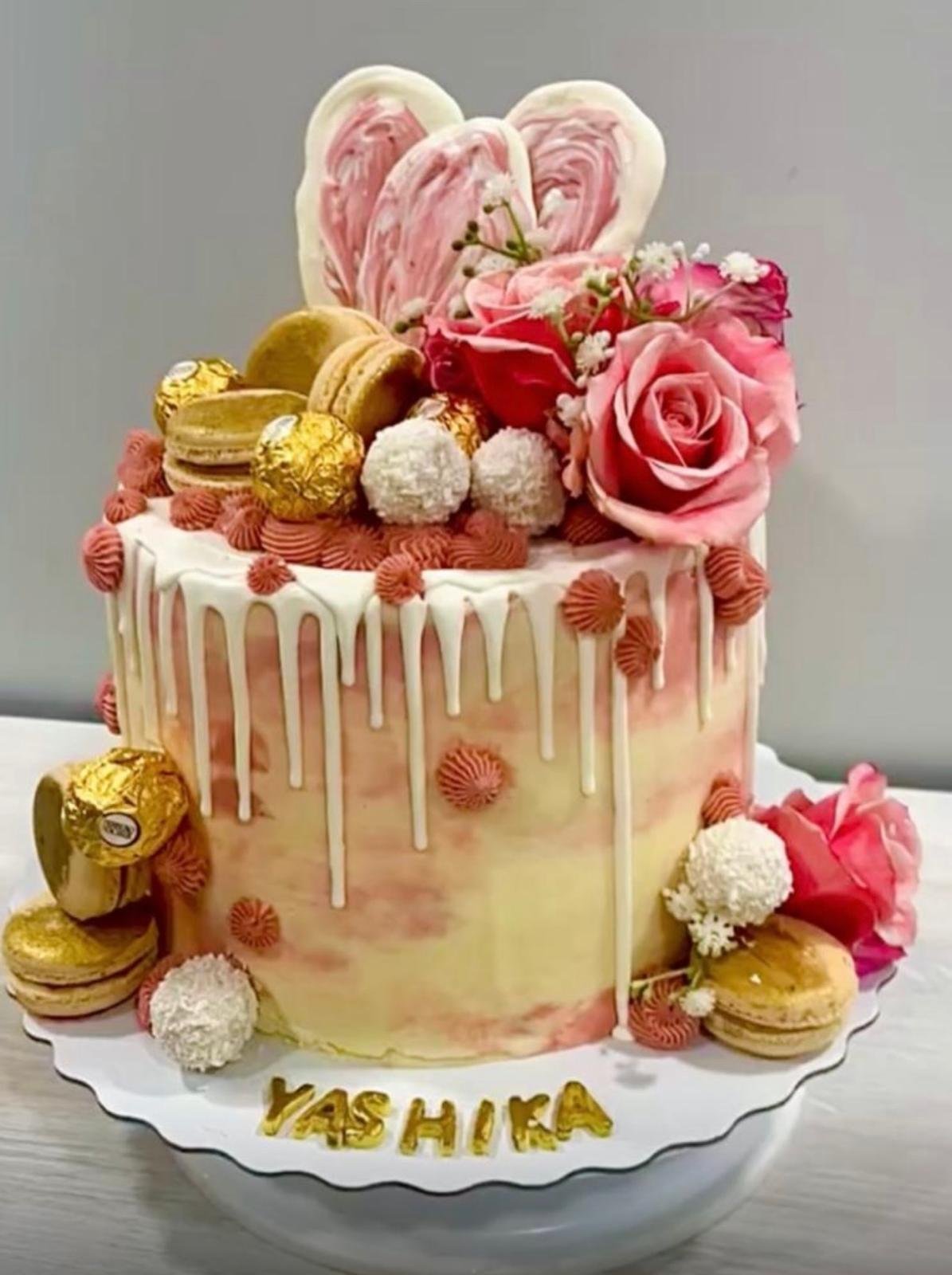 Celebration Cake with Fresh Flowers & Macarons - Ayorah Bake House Saskatoon